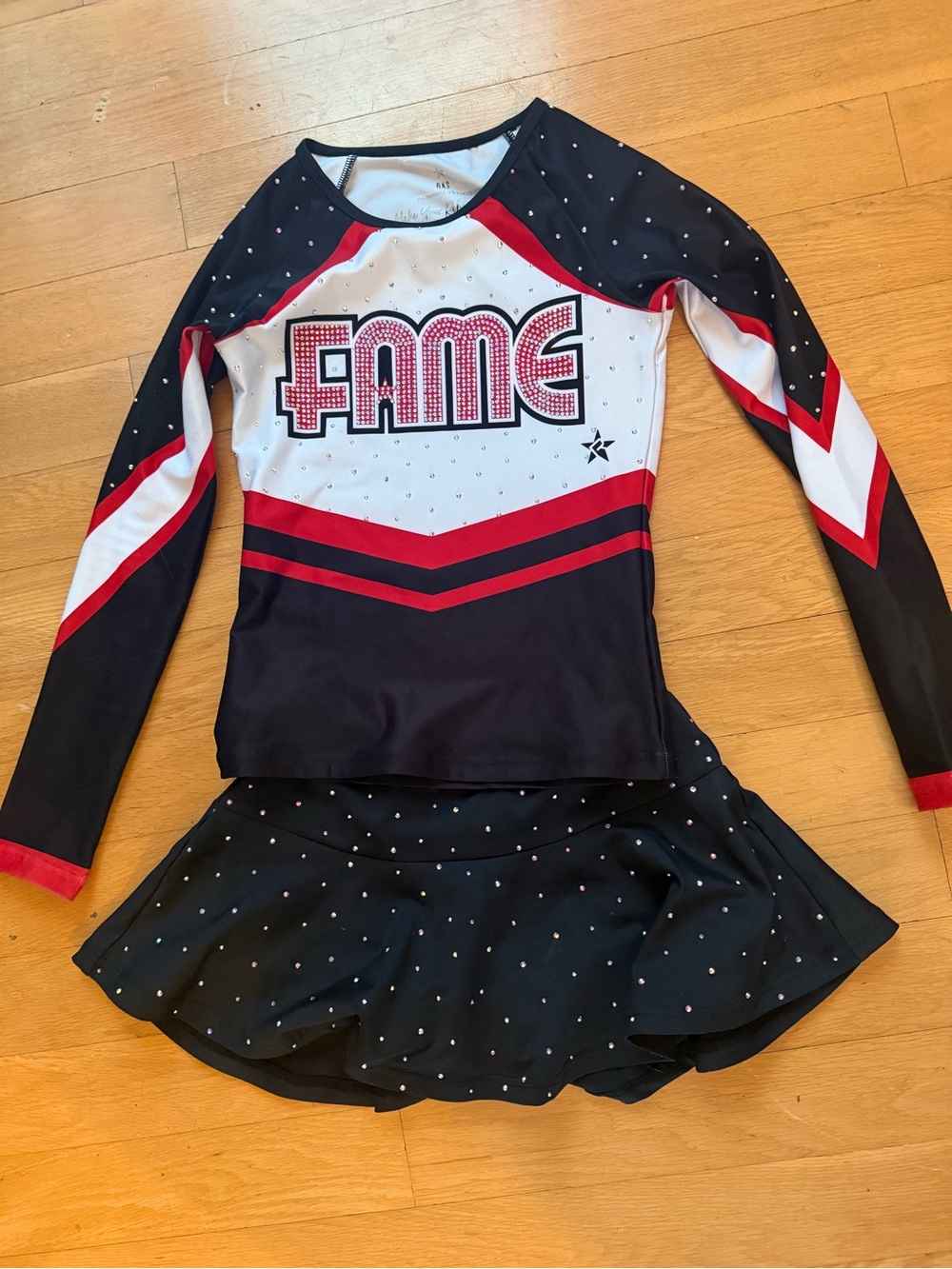 Fame Women’s Black, White & Red Long Sleeve Cheer Top and Skirt Set